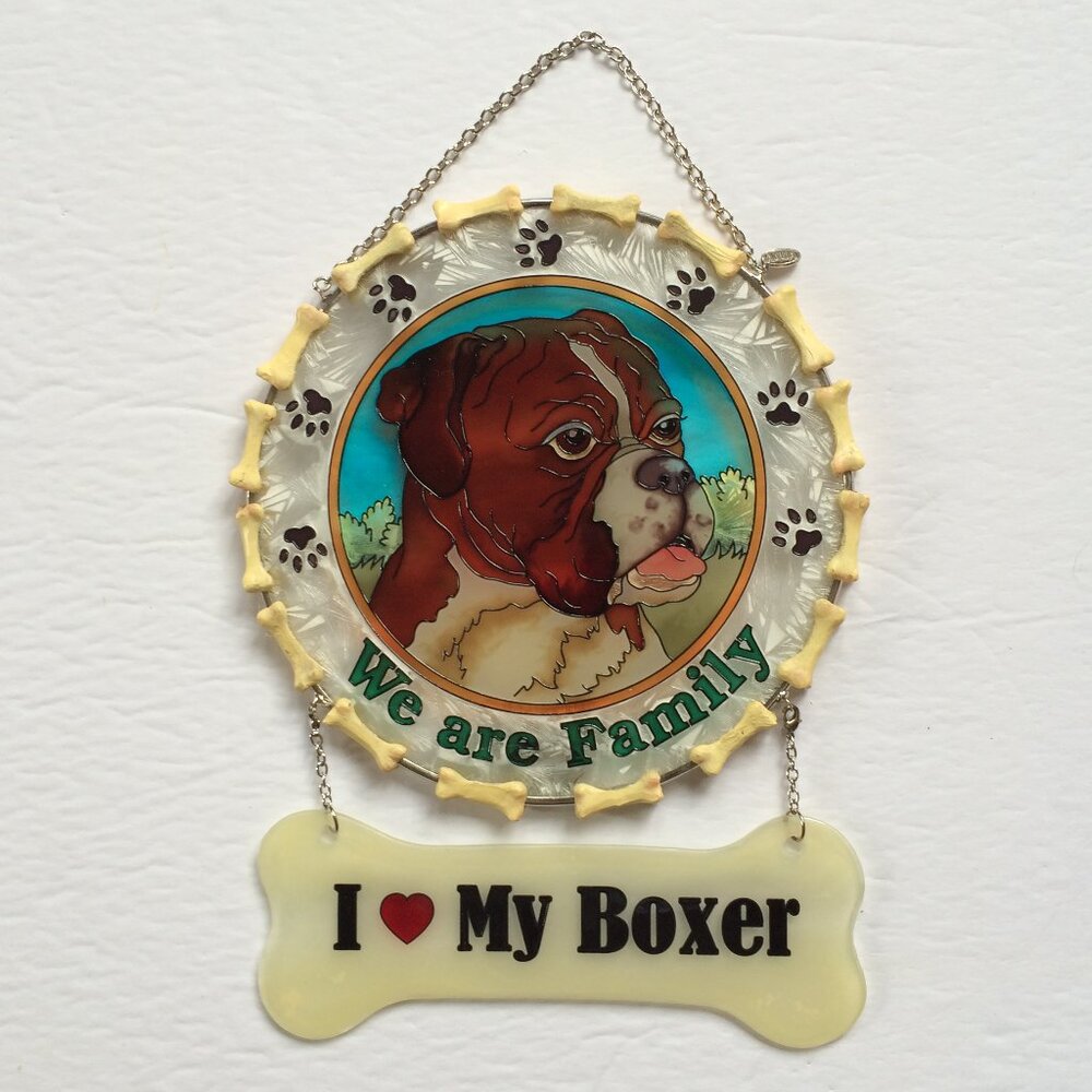 Amia Studios Suncatcher I Love My Boxer Painted Glass Bones Paws Print New